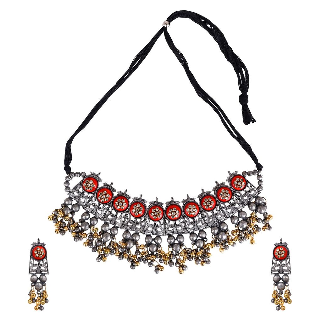 Cardinal Oxidized Silver Color REd Minakari Kundan Choker Necklace Set - Jewellery Sets | Buy online on ZillyBuy