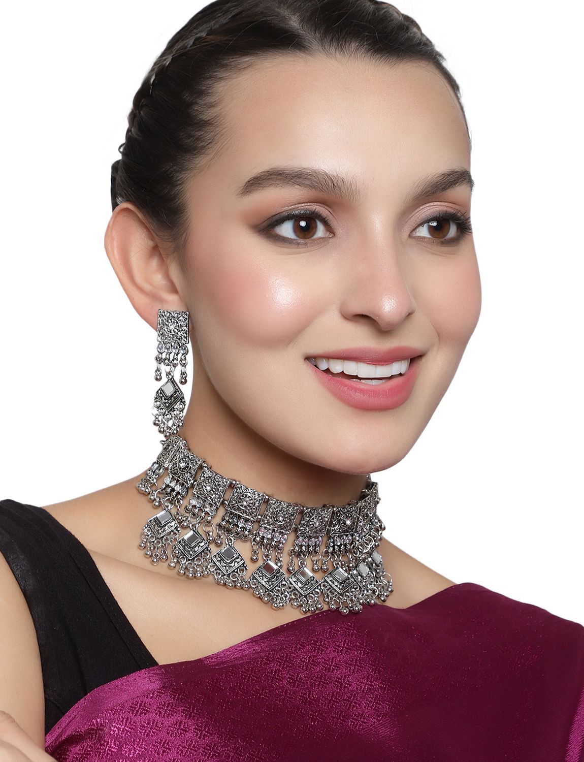 Cardinal Oxidized Silver Color Mirror Choker Necklace Set