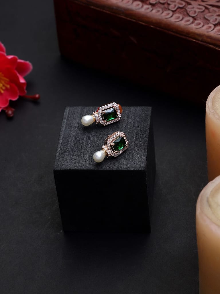 Rose Gold Plated American Diamond Green Stone Earrings - Earrings | Buy online on ZillyBuy