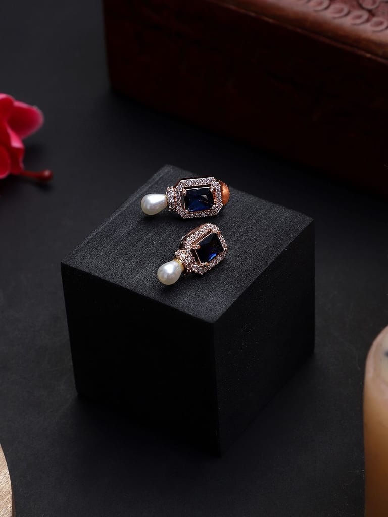 Rose Gold Polish Blu Stone American Diamond Earrings - Earrings | Buy online on ZillyBuy