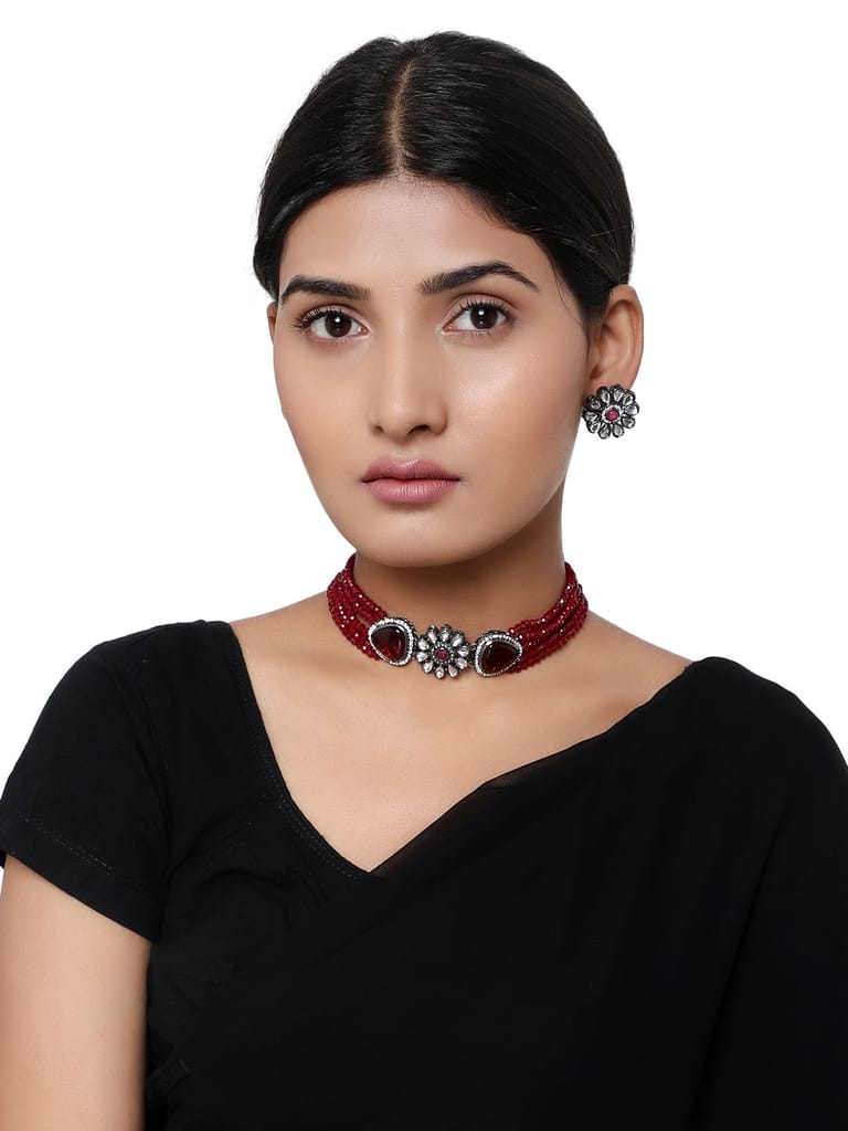 Cardinal Kundan Maroon Onyx Multistring Choker Necklace Set - Jewellery Sets | Buy online on ZillyBuy