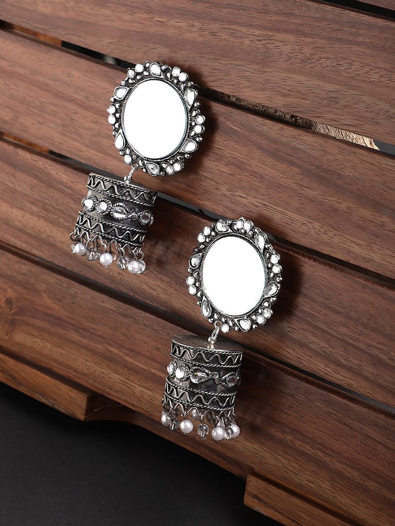 Cardinal Oxidized Silver Color Mirror Light Weight Jhumka Earrings - Earrings | Buy online on ZillyBuy