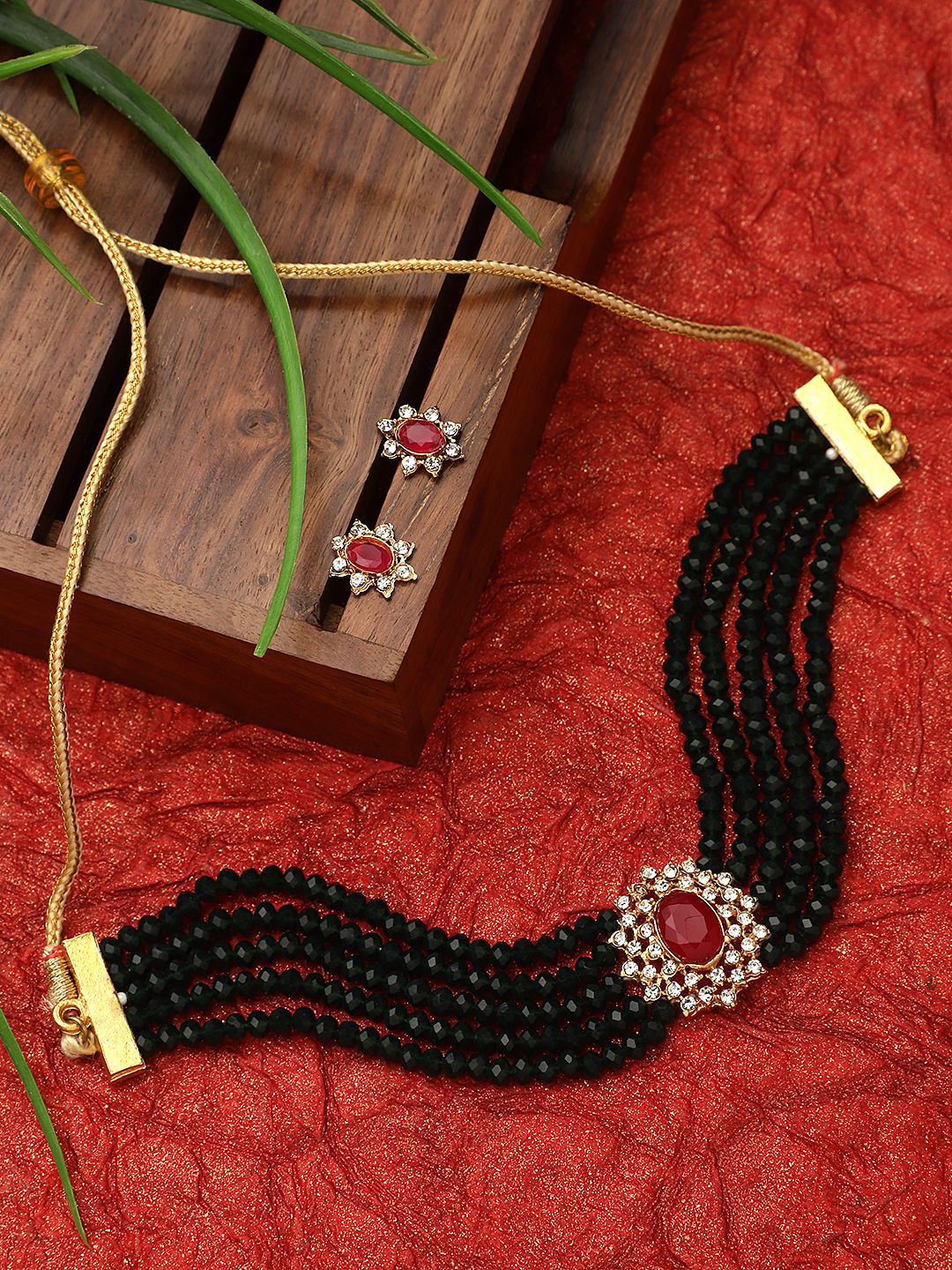 Cardinal Black Color American Diamond Maroon Stone Multistring Choker Necklace Set