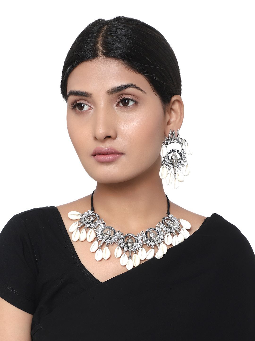 Oxidized Silver Color Shell Choker Necklace Set