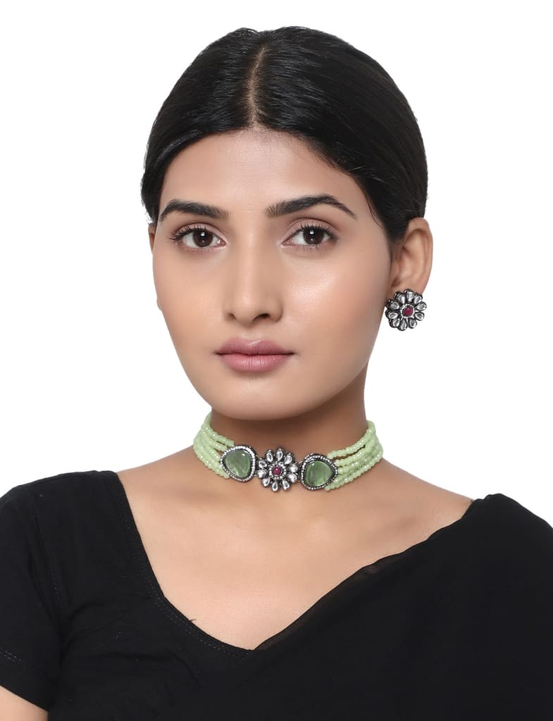 Cardinal Kundan Pista Color Onyx Multistring Choker Necklace Set - Jewellery Sets | Buy online on ZillyBuy