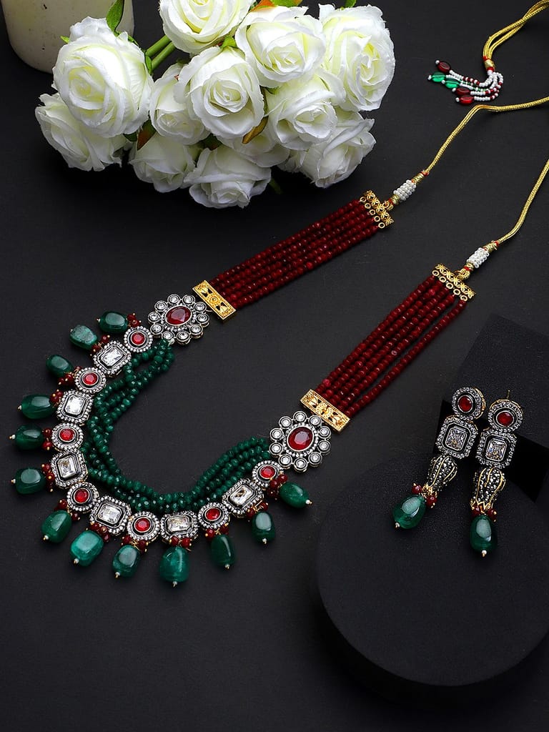 Cardinal Kundan Maroon & Green Color Multistring Long Necklace Set - Jewellery Sets | Buy online on ZillyBuy