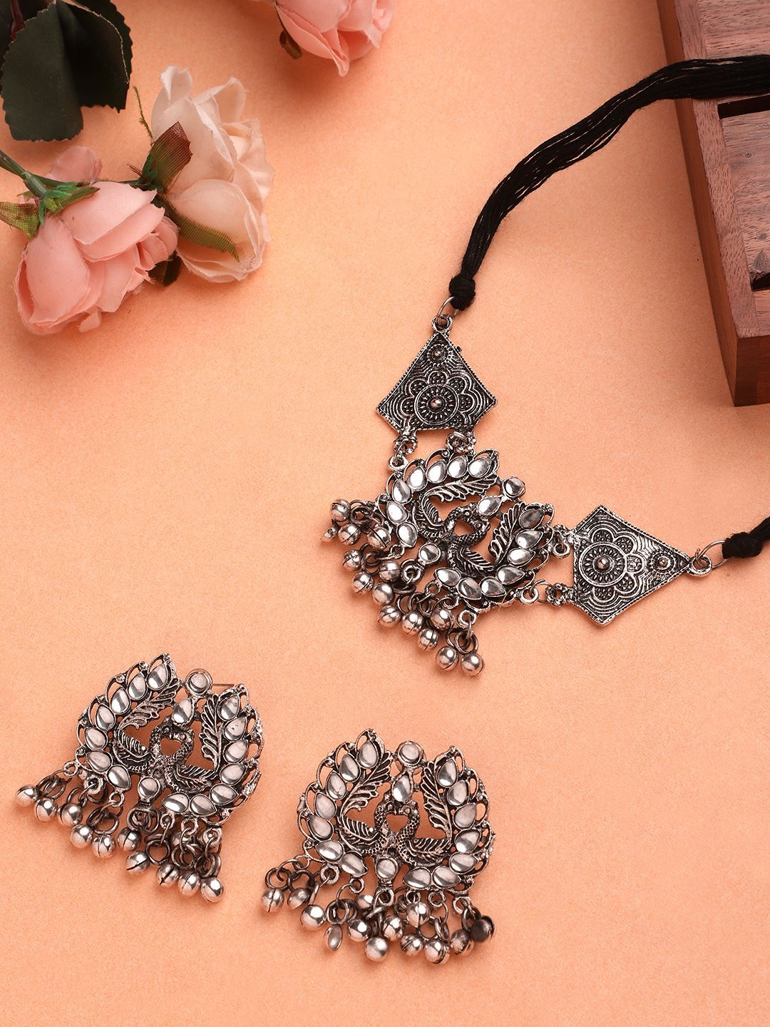 Cardinal Oxidized Silver Color Choker White Stone  Necklace Set