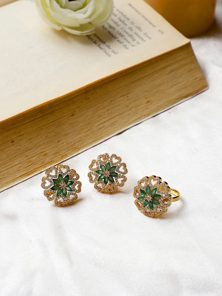 Cardinal American Diamond Gold Plated Green Color Ring & Earrings - Earrings | Buy online on ZillyBuy