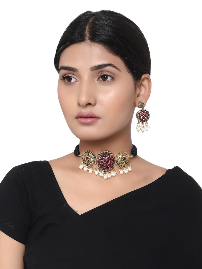 Cardinal Oxidized Gold Color Maroon Stone Choker Moti Necklace Set - Jewellery Sets | Buy online on ZillyBuy