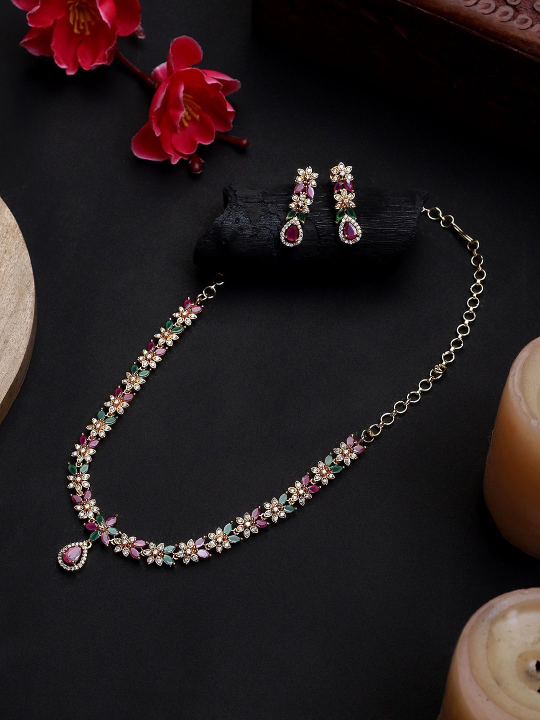 Cardinal Multicolor Stone American Diamond Gold Plated Choker Necklace Set