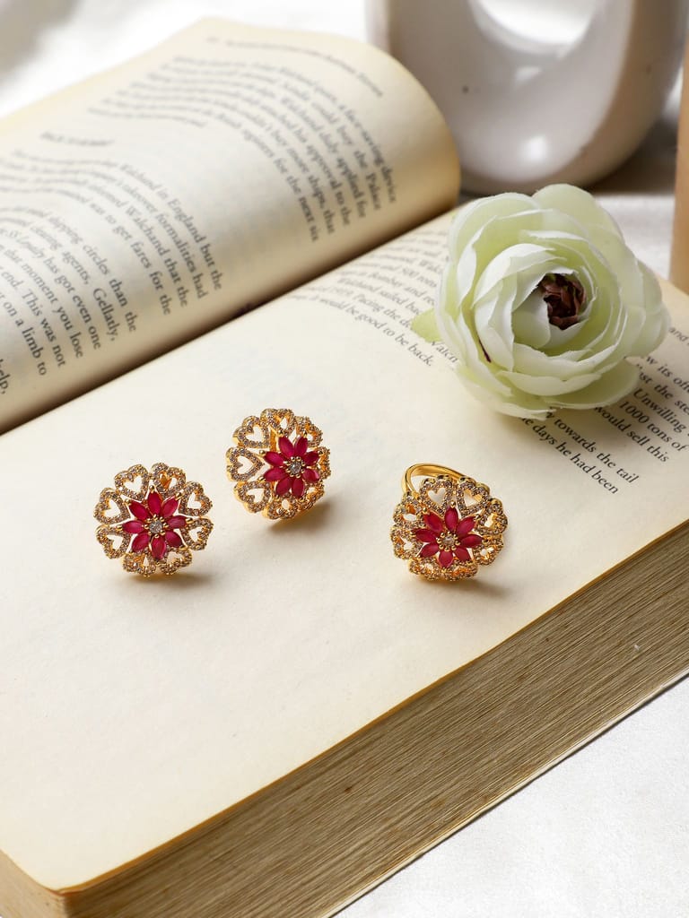 Cardinal American Diamond Maroon Color Gold Plated Ring & Earrings - Earrings | Buy online on ZillyBuy