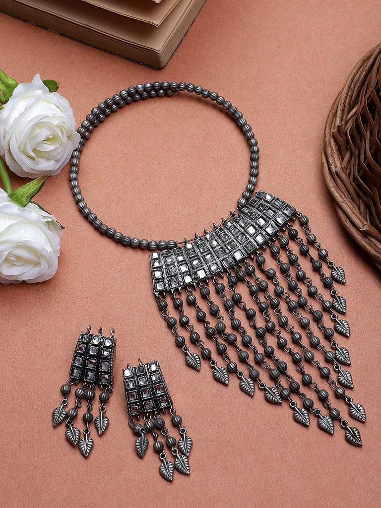 Cardinal Oxidized Metallic Color Kundan Choker Necklace Set - Jewellery Sets | Buy online on ZillyBuy