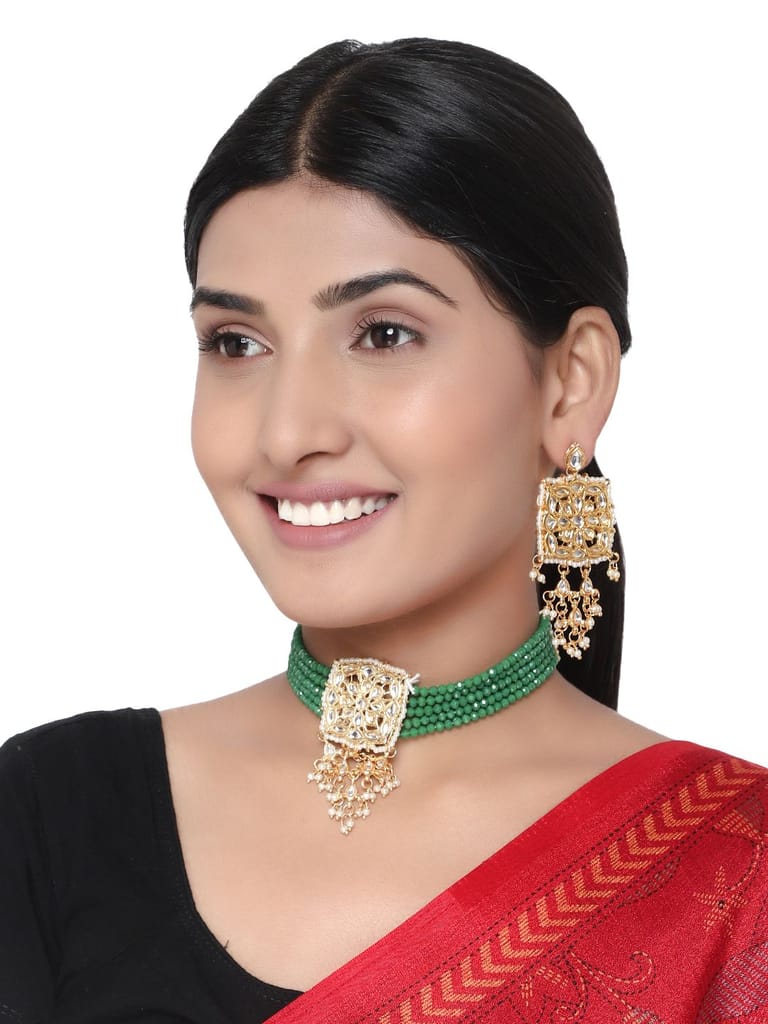 Cardinal Green Color Multistring Kundan Gold Plated Brass Choker Necklace Set - Jewellery Sets | Buy online on ZillyBuy