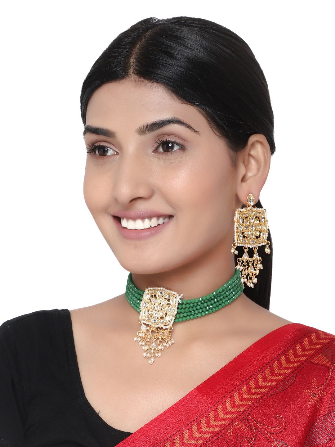 Cardinal Green Color Multistring Kundan Gold Plated Brass Choker Necklace Set