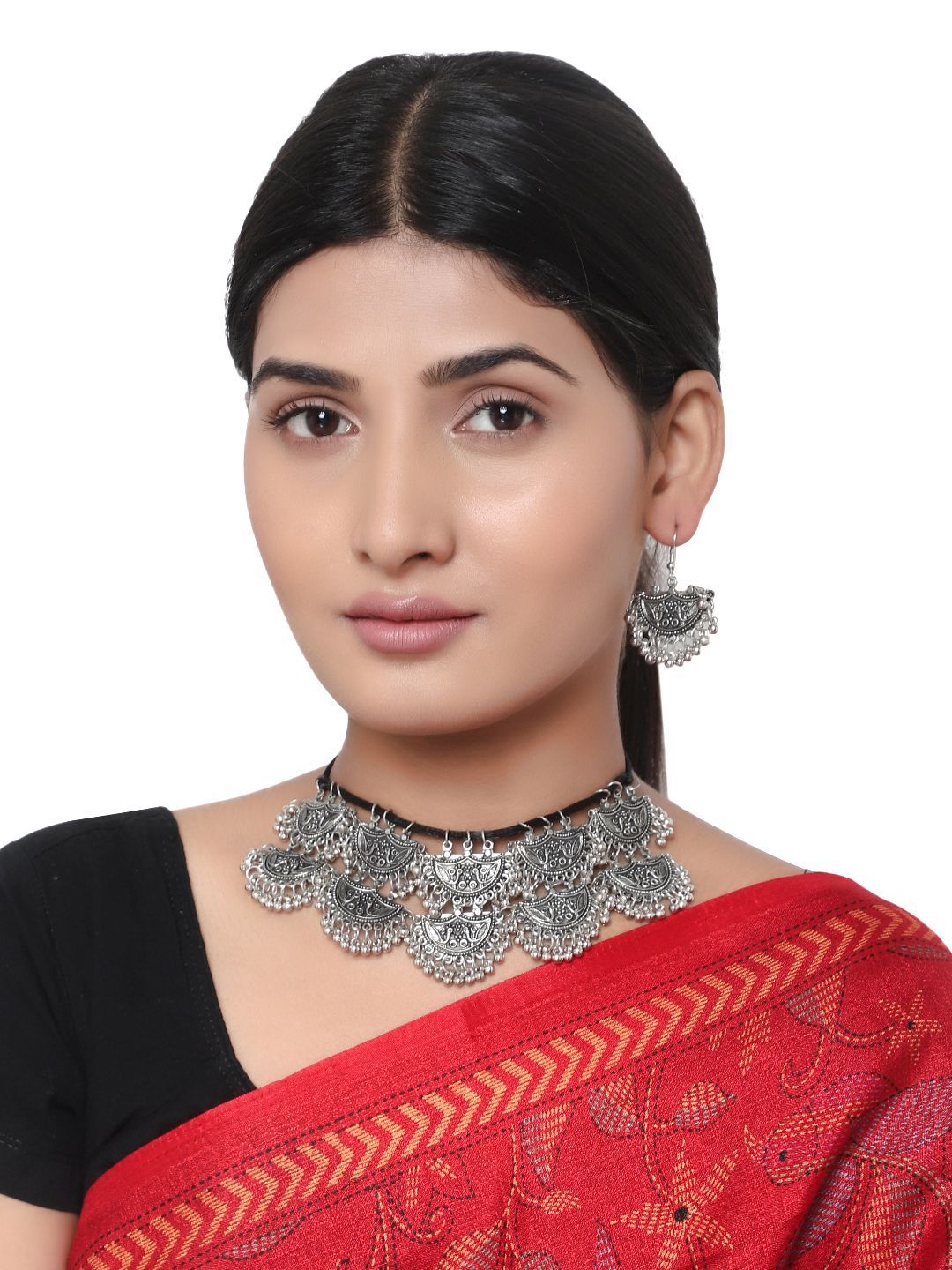 Cardinal Oxidized Silver Color Choker Necklace Set