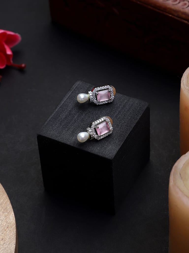Pink Color Silver Polish American Diamond Earrings Set - Earrings | Buy online on ZillyBuy