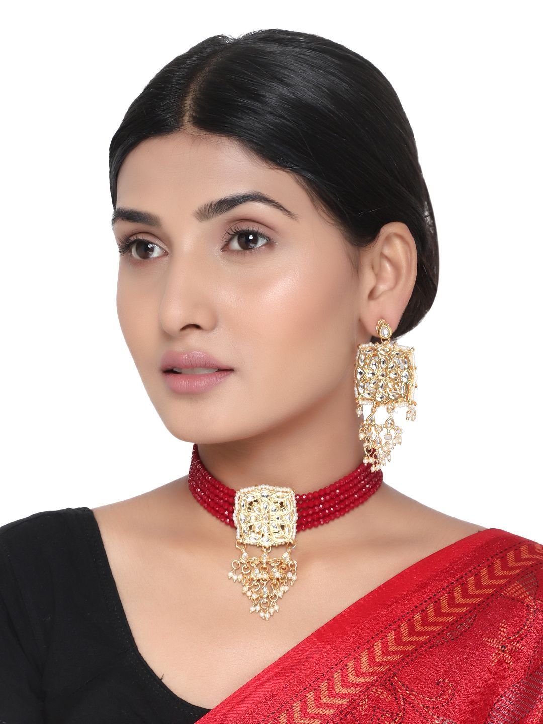 Cardinal Maroon Color Onyx Multistring Brass Gold Plated Choker Necklace Set