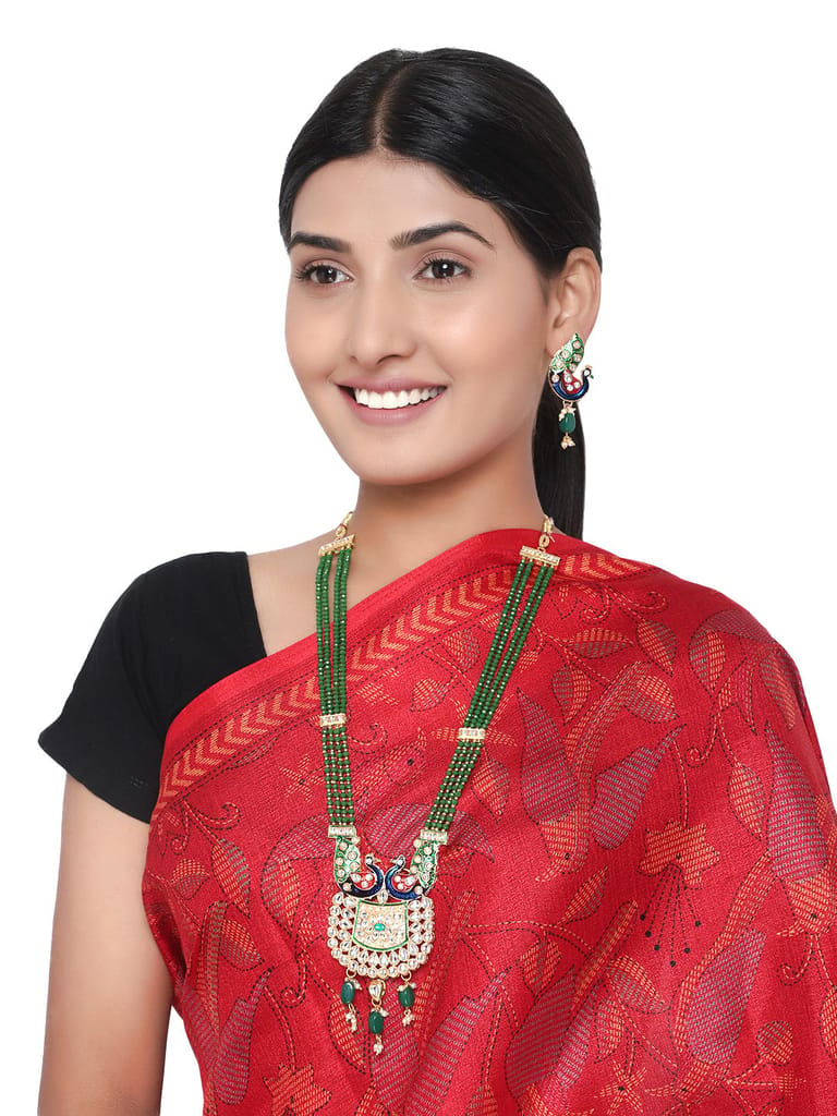 Cardinal Green Color Minakari Gold Plated Brass Peacock Design Kundan Multistring Onyx Necklace Set - Jewellery Sets | Buy online on ZillyBuy
