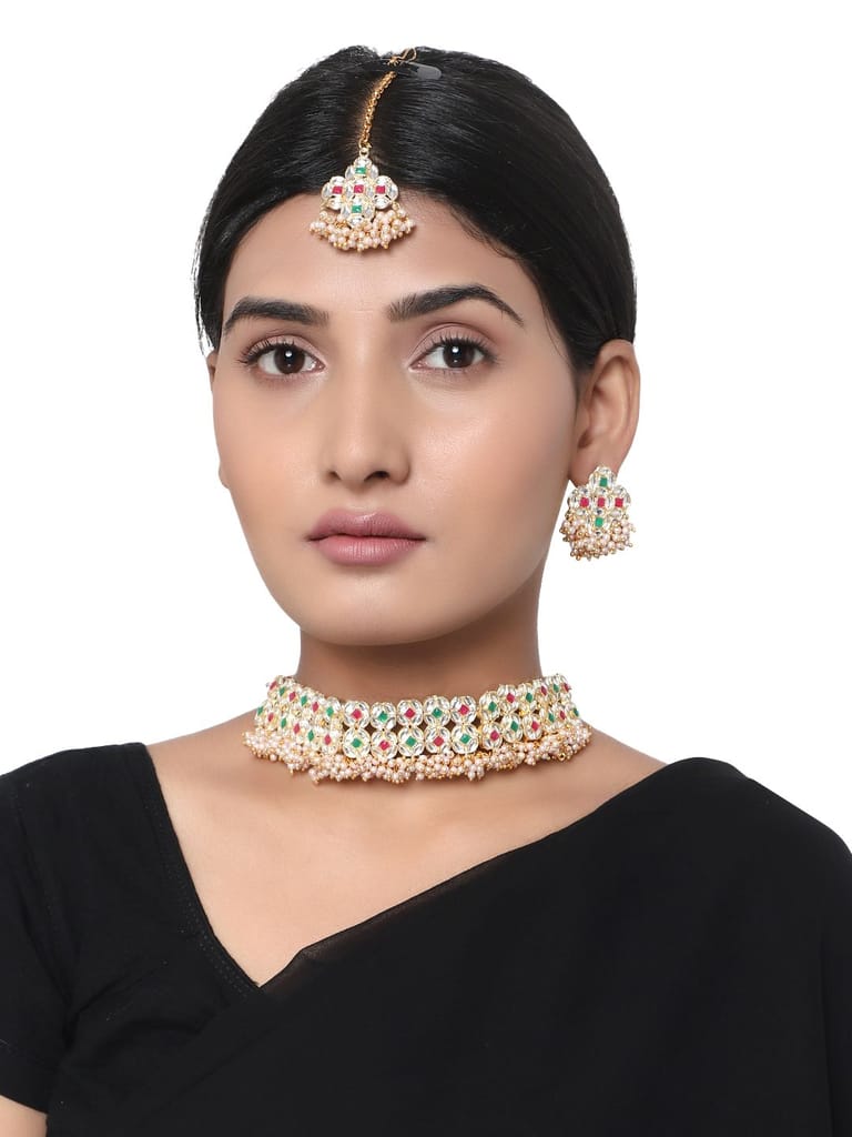 Cardinal Gold Plated Multicolor Stone Choker Necklace Set and Maang Tika - Jewellery Sets | Buy online on ZillyBuy