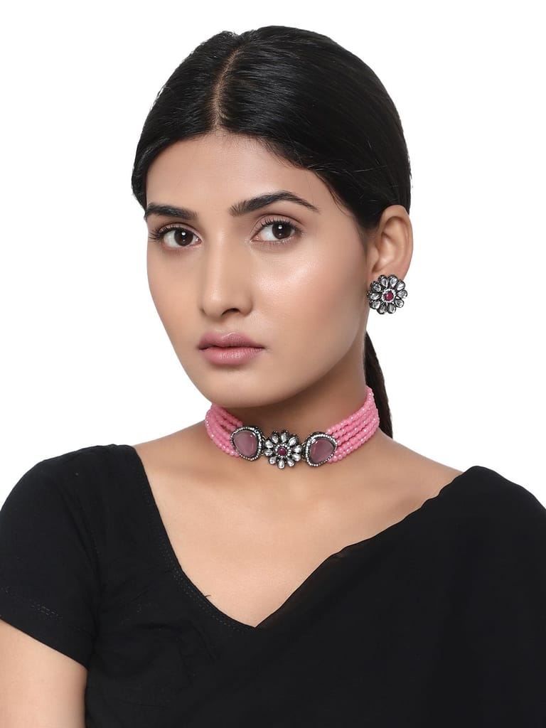 Cardinal Kundan Pink Multistring Onyx Choker Necklace Set - Jewellery Sets | Buy online on ZillyBuy