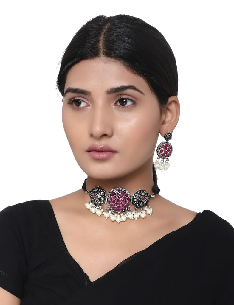 Cardinal Oxdized Silver Color Maroon Color Stone Moti Choker Necklace Set - Jewellery Sets | Buy online on ZillyBuy