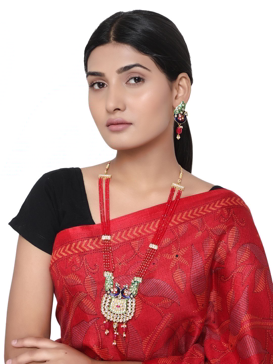 Cardinal Kundan Gold Plated Maroon & Green Minakari Kundan Multistring Peacock Design Long Ranihaar Necklace Set