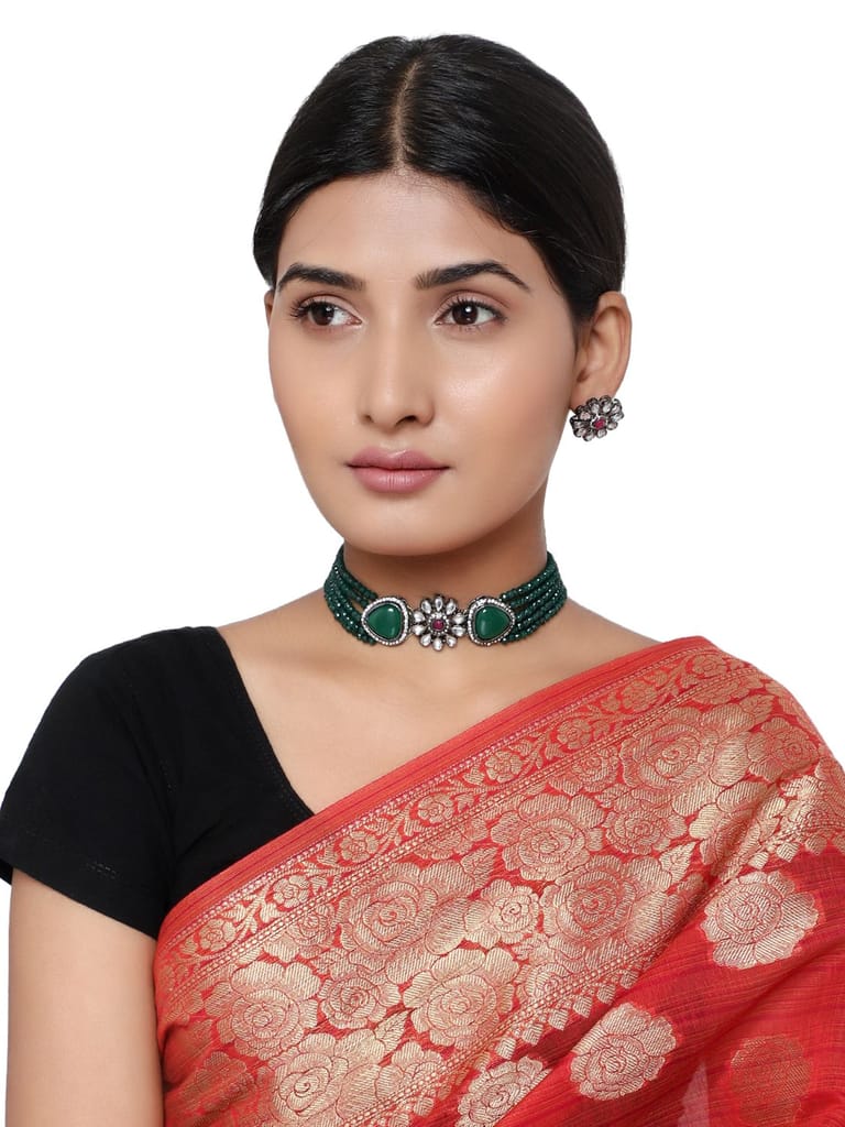 Cardinal Kundan Green Color Multistring Choker Necklace Set - Jewellery Sets | Buy online on ZillyBuy