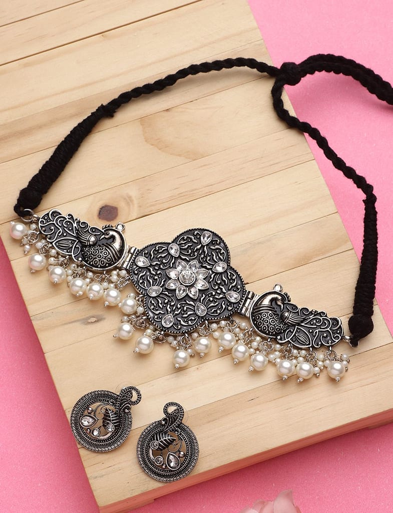Cardinal Oxidized White Moti Silver Choker Necklace Set - Jewellery Sets | Buy online on ZillyBuy