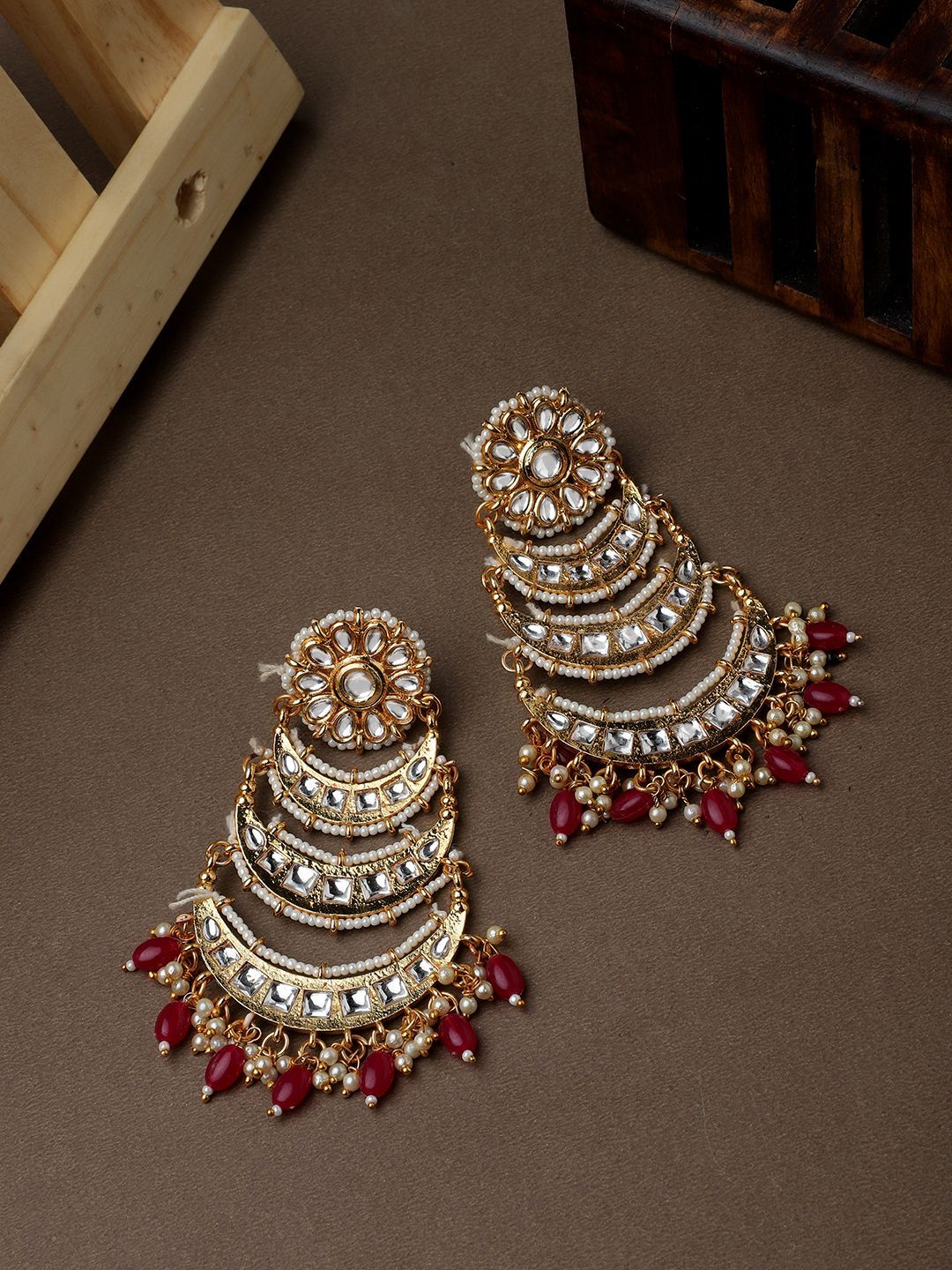 Cardinal Kundan Gold Plated Brass Maroon Stone Earrings