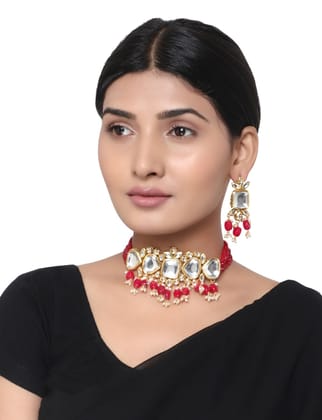 Cardinal Maroon Color Multistring Kundan Brass Gold Plated Party Wear Choker Necklace Set
