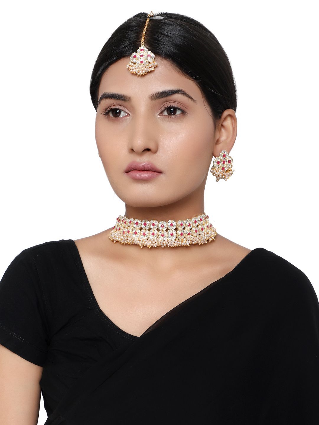Cardinal Red Stone Kundan Gold Plated Brass  Maang Tika & Choker Necklace Set