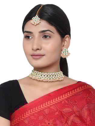 Cardinal Kundan Gold Plated Brass Green Color Stone Choker Necklace Set