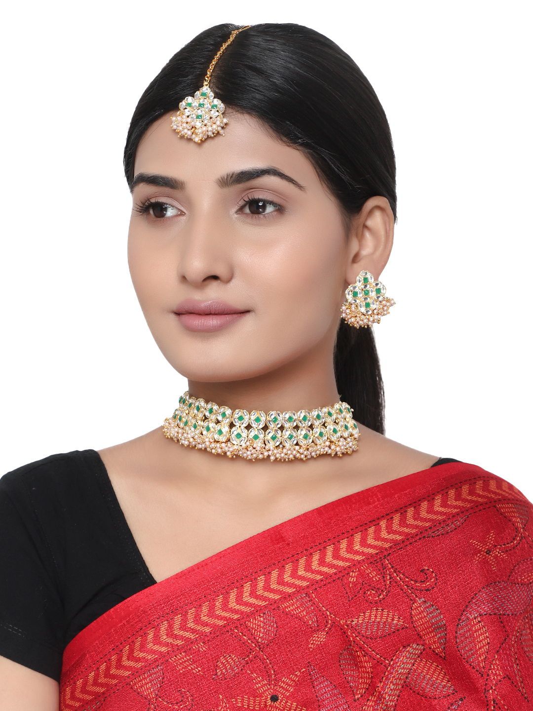 Cardinal Kundan Gold Plated Brass Green Color Stone Choker Necklace Set
