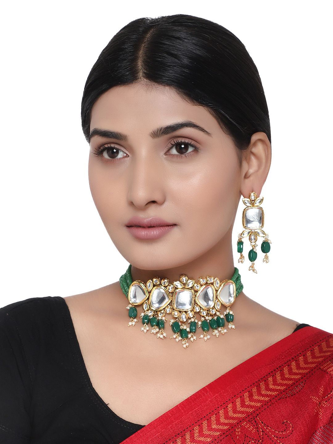 Cardinal Green Color Multistring Kundan Gold Plated Brass Choker Necklace Set