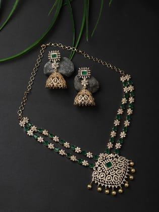 Cardinal American Diamond Gold Plated Green Stone Brass Necklace Set