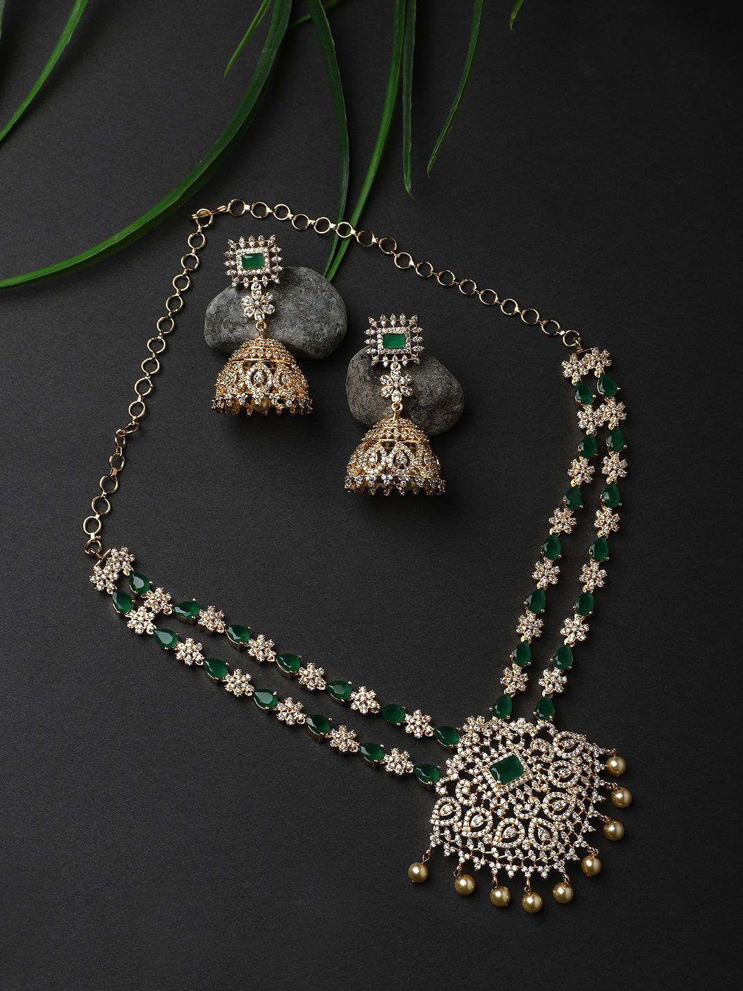 Cardinal American Diamond Gold Plated Green Stone Brass Necklace Set