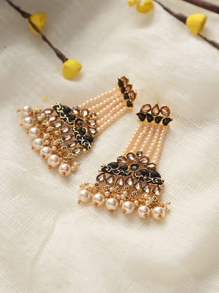 Cardinal Gold Color Moti Gold Plated Brass Grey Minakari Earrings Set