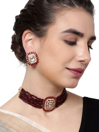 Cardinal Kundan Maroon Multistring Onyx Gold Plated Brass Choker Necklace Set
