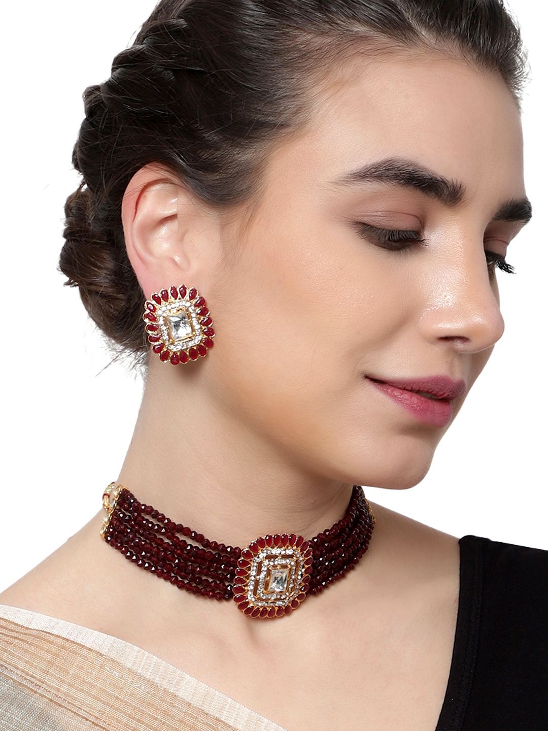 Cardinal Kundan Maroon Multistring Onyx Gold Plated Brass Choker Necklace Set
