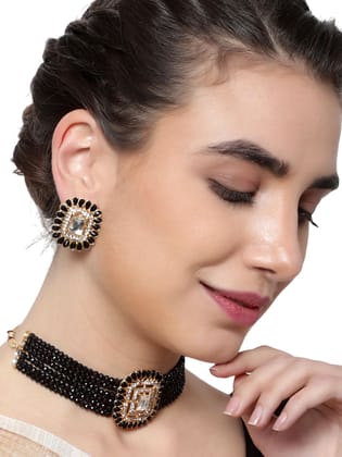 Cardinal Black Color Multistring Onyx Brass Kundan Choker Necklace Set