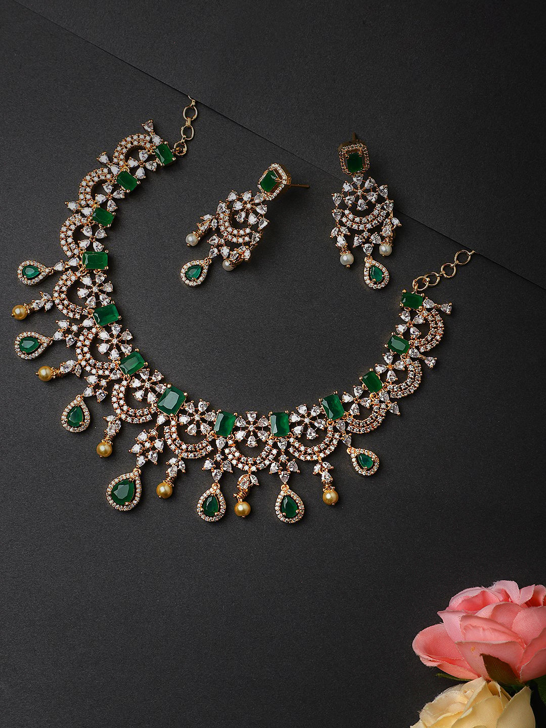 Cardinal American Diamond Gold Plated Green Stone Brass Necklace Set