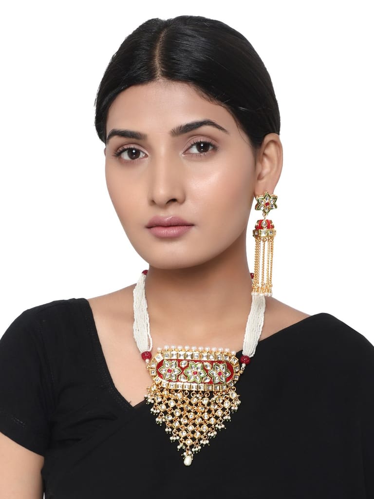 Cardinal Maroon Colror Minakari Gold Plated Kundan White Beads Multistring Necklace Set - Jewellery Sets | Buy online on ZillyBuy