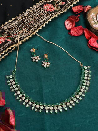 Cardinal American Diamond Gold Plated Brass Green Color Stone Necklace Set