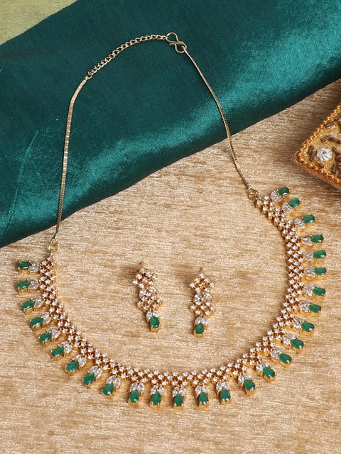 Buy Pure silver based gold polished green stone floral necklace set -  AssamVilla