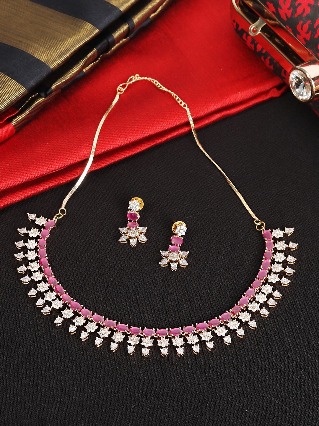 Cardinal Red Color Stone Brass Gold Plated Necklace Set