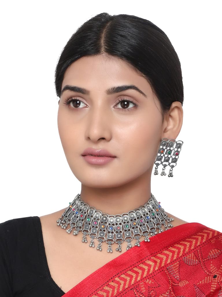 Cardinal Oxidized Metallic Color Kundan Choker Necklace Set - Jewellery Sets | Buy online on ZillyBuy