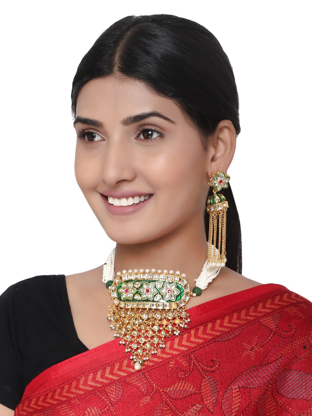 Cardinal Kundan Green Color Minakari White Beads Multistring Gold Plated Long Necklace Set