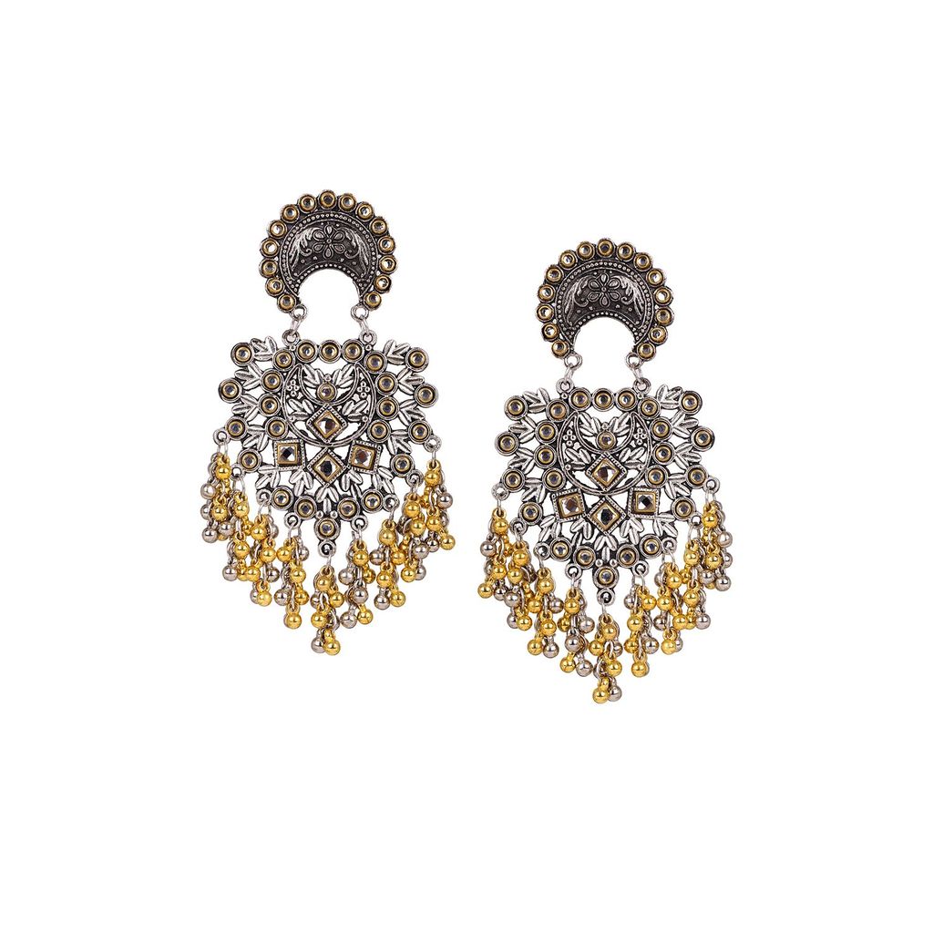 Cardinal Oxidized Silver & Gold Color Kundan & Gungroo Light Weight Earrings - Earrings | Buy online on ZillyBuy