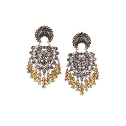 Cardinal Oxidized Silver & Gold Color Kundan & Gungroo Light Weight Earrings