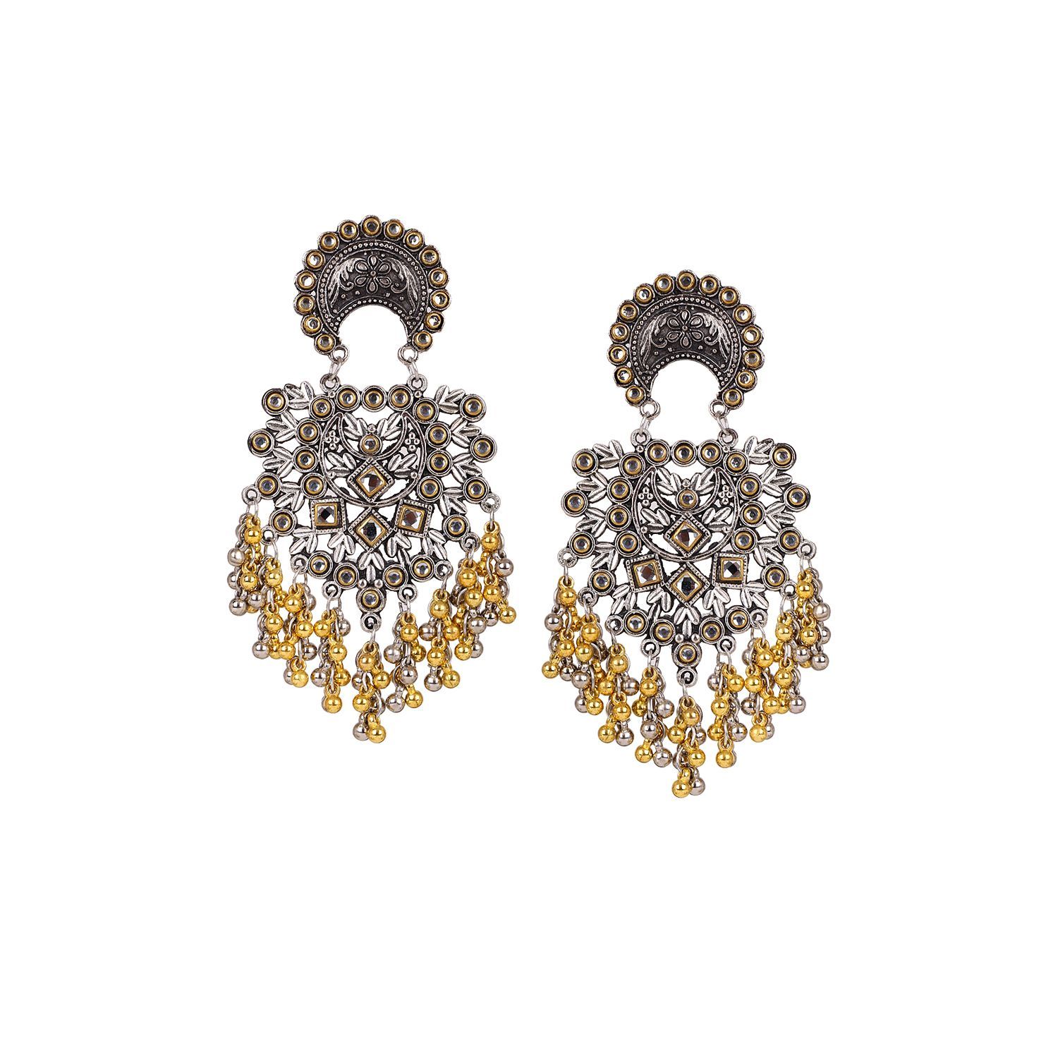 Cardinal Oxidized Silver & Gold Color Kundan & Gungroo Light Weight Earrings